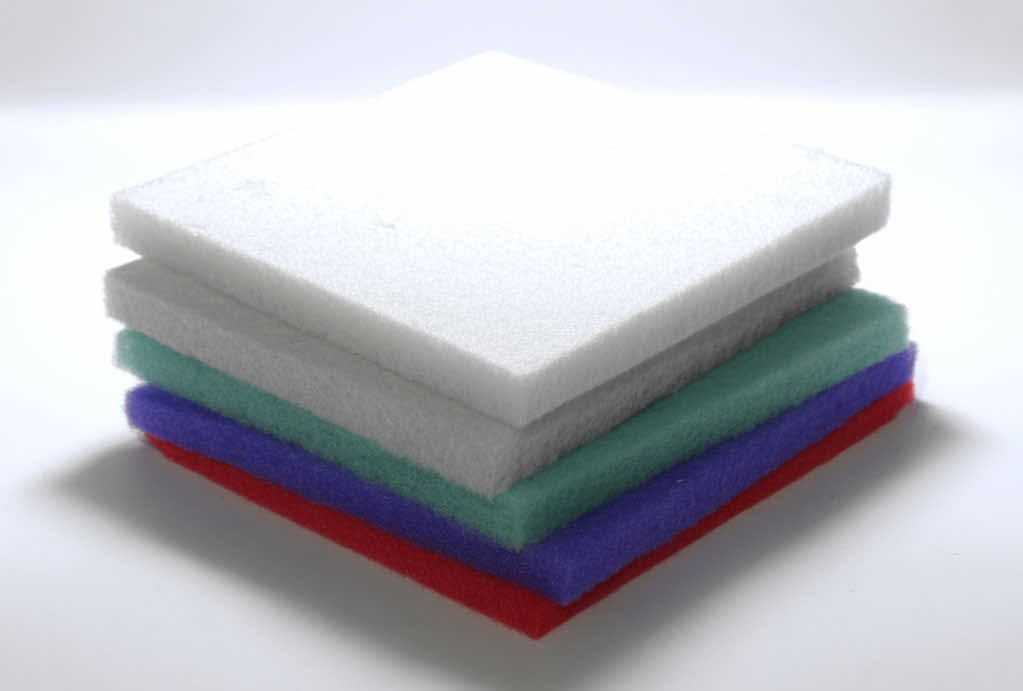 Rigid Poly Media air filter roll and pad made of washable polyester, used as a durable HVAC prefilter for automotive, healthcare, and industrial applications