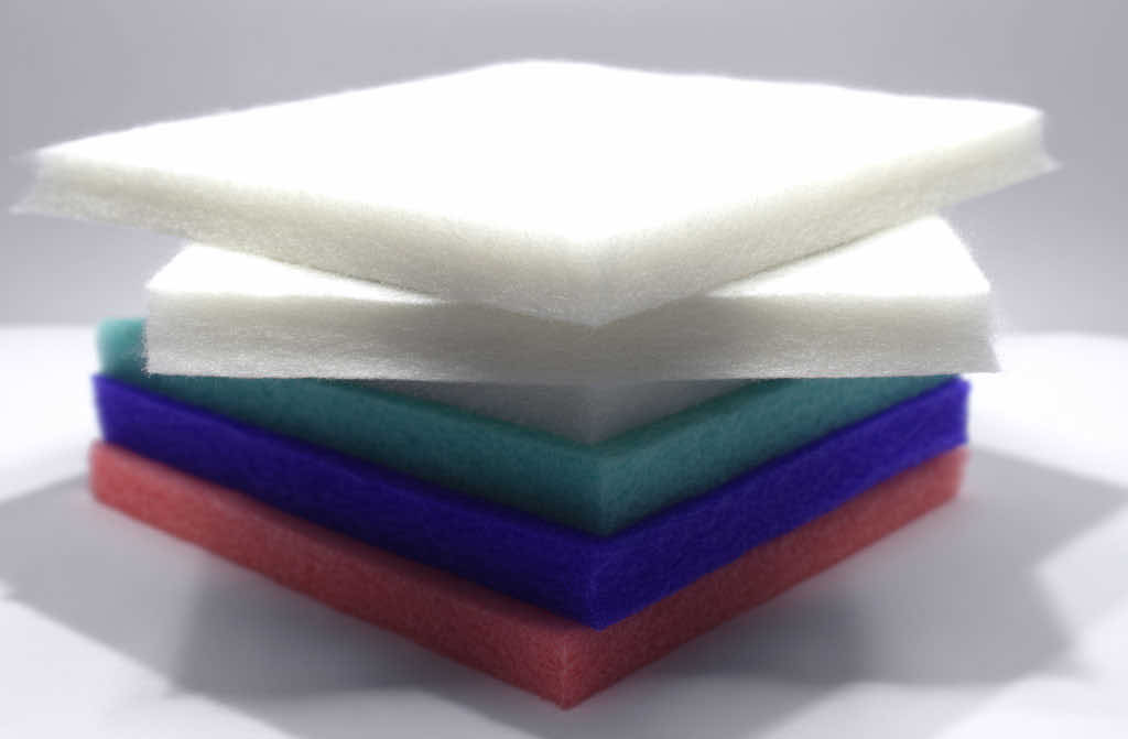 Rigid Poly Media air filter roll and pad made of washable polyester, used as a durable HVAC prefilter for automotive, healthcare, and industrial applications